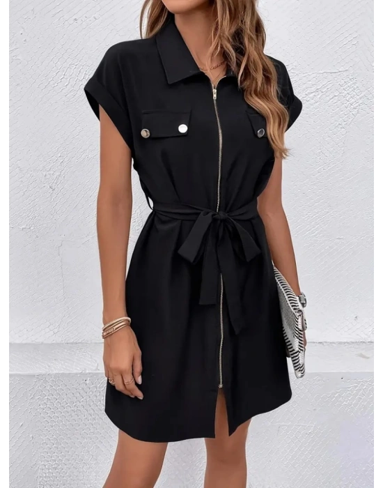 Kadın Kısa Kollu Yakalı önden Fermuarlı Cepli Belden Kuşaklı Kısa Ithal Krep Elbise
