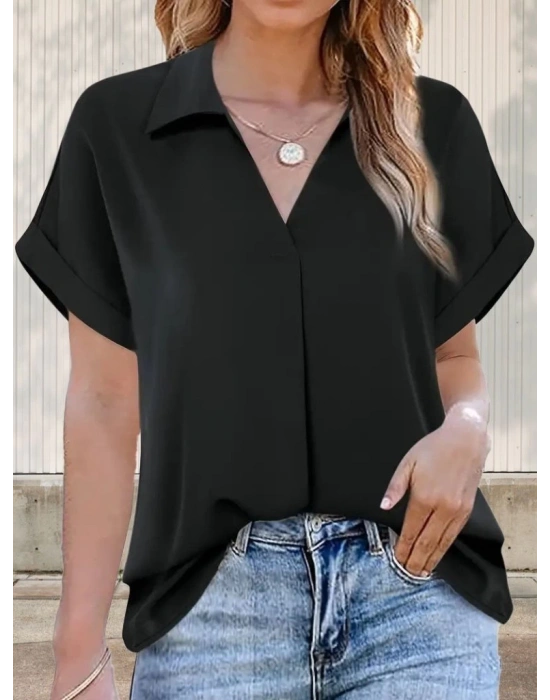 Kadın Kısa Kollu Yakalı Uzun Sandy Bluz