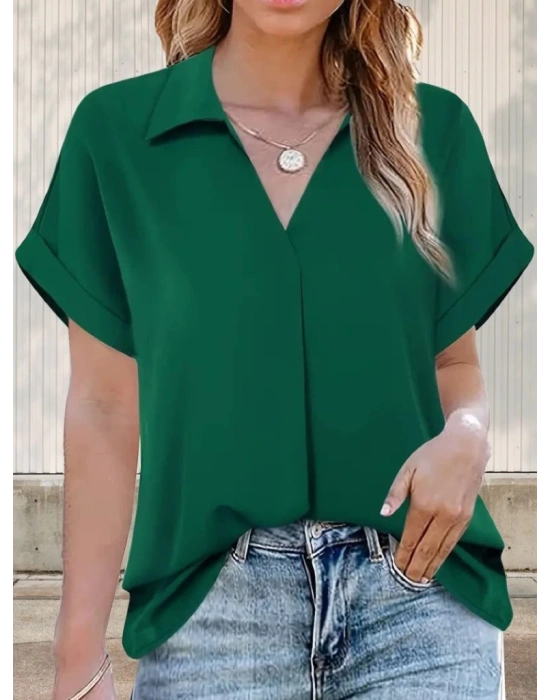 Kadın Kısa Kollu Yakalı Uzun Sandy Bluz