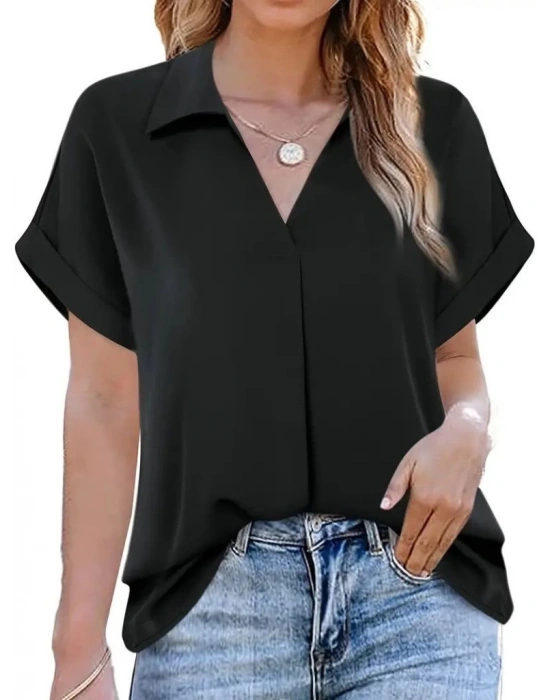 Kadın Kısa Kollu Yakalı Uzun Sandy Bluz