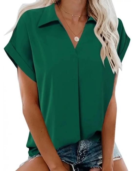 Kadın Kısa Kollu Yakalı Uzun Sandy Bluz