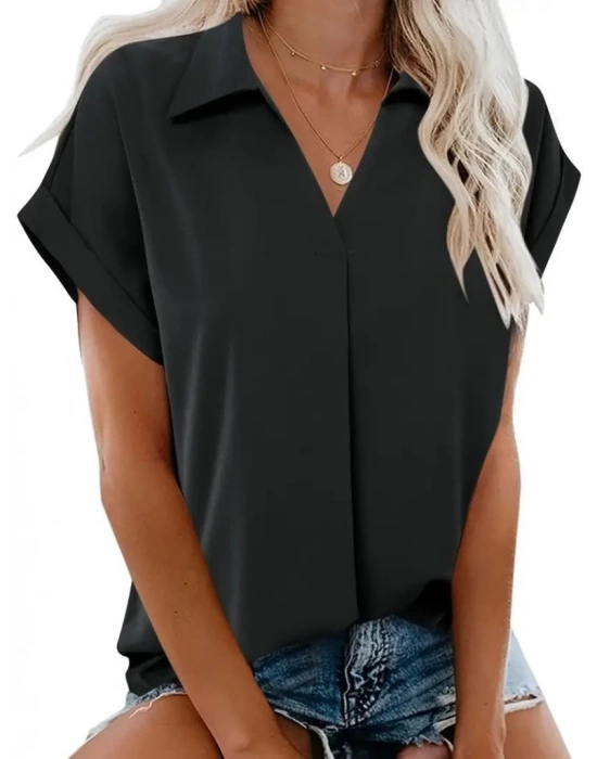 Kadın Kısa Kollu Yakalı Uzun Sandy Bluz