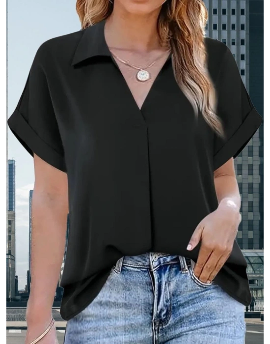 Kadın Kısa Kollu Yakalı Uzun Sandy Bluz