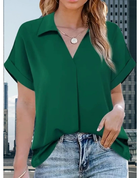 Kadın Kısa Kollu Yakalı Uzun Sandy Bluz