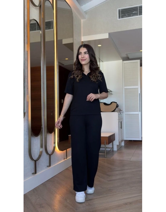 Kadın Kısa Kollu Yakalı Viskon Iki Iplik Bluz Ve Pantolon Ikili Takım