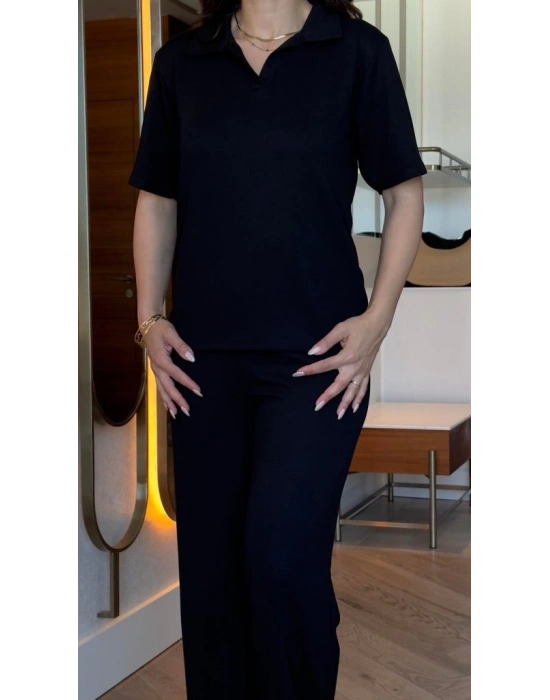 Kadın Kısa Kollu Yakalı Viskon Iki Iplik Bluz Ve Pantolon Ikili Takım