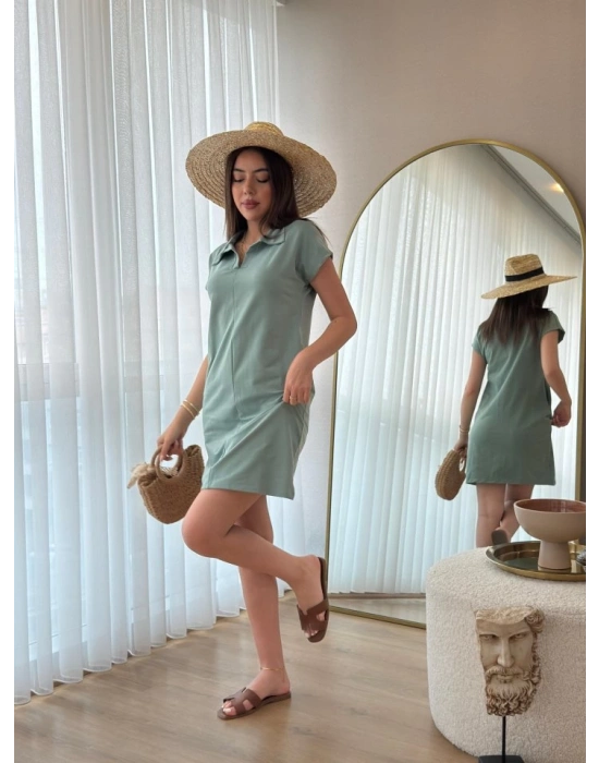 Kadın Kısa Kollu Yakalı Viskon Iki Iplik Elbise