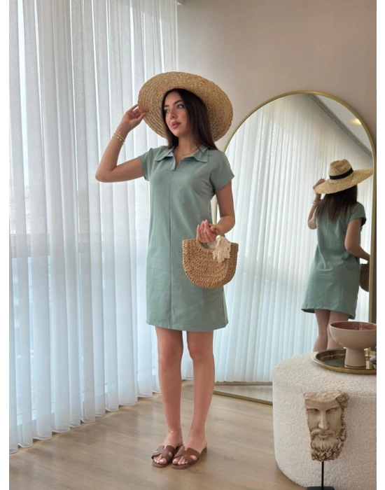 Kadın Kısa Kollu Yakalı Viskon Iki Iplik Elbise