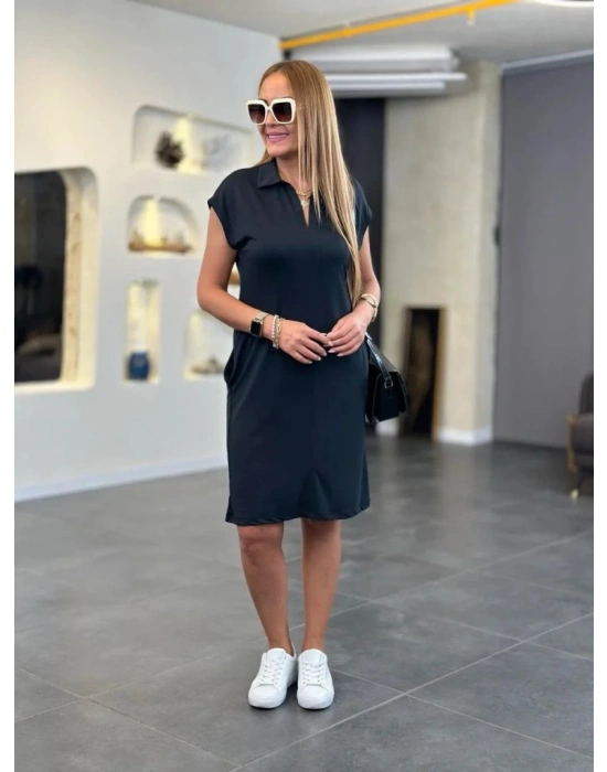 Kadın Kısa Kollu Yakalı Viskon Iki Iplik Elbise