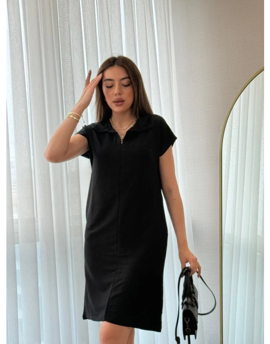 Kadın Kısa Kollu Yakalı Viskon Iki Iplik Elbise