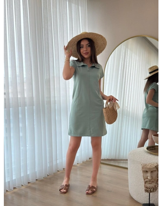 Kadın Kısa Kollu Yakalı Viskon Iki Iplik Elbise