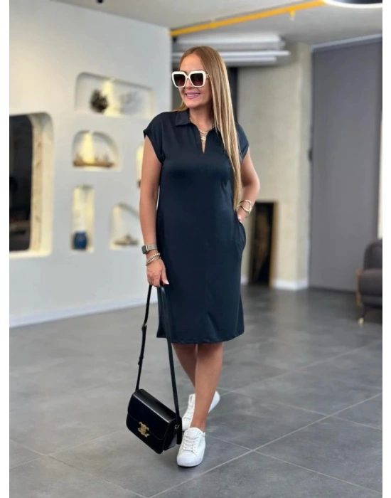 Kadın Kısa Kollu Yakalı Viskon Iki Iplik Elbise