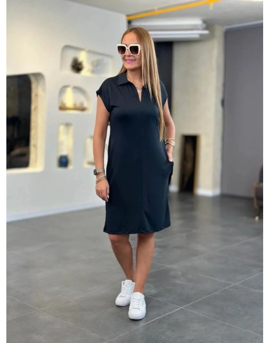 Kadın Kısa Kollu Yakalı Viskon Iki Iplik Elbise