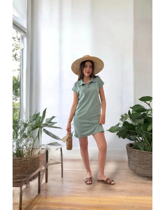 Kadın Kısa Kollu Yakalı Viskon Iki Iplik Elbise