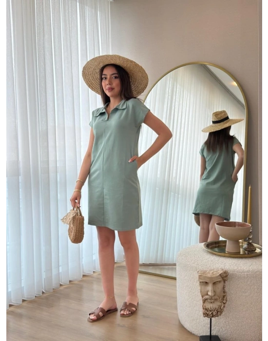 Kadın Kısa Kollu Yakalı Viskon Iki Iplik Elbise