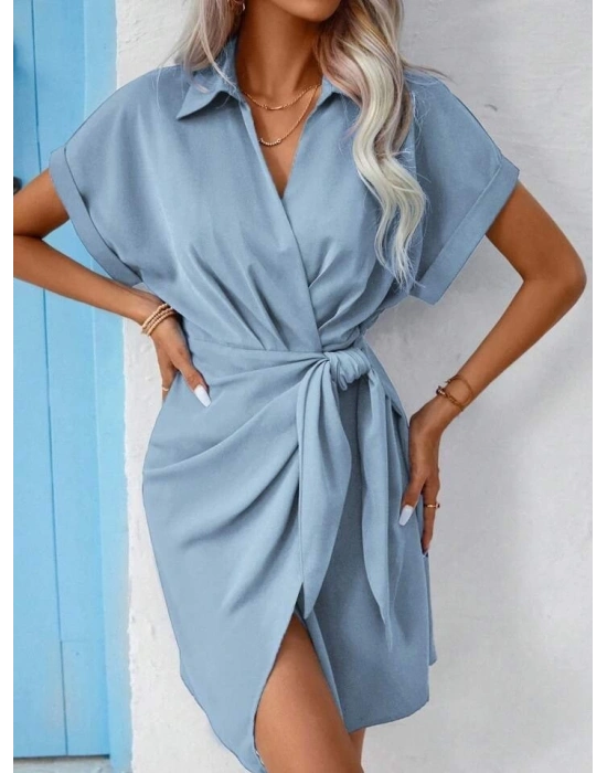 Kadın Kısa Kollu Yakalı Yandan Bağlamalı Dokuma Elbise