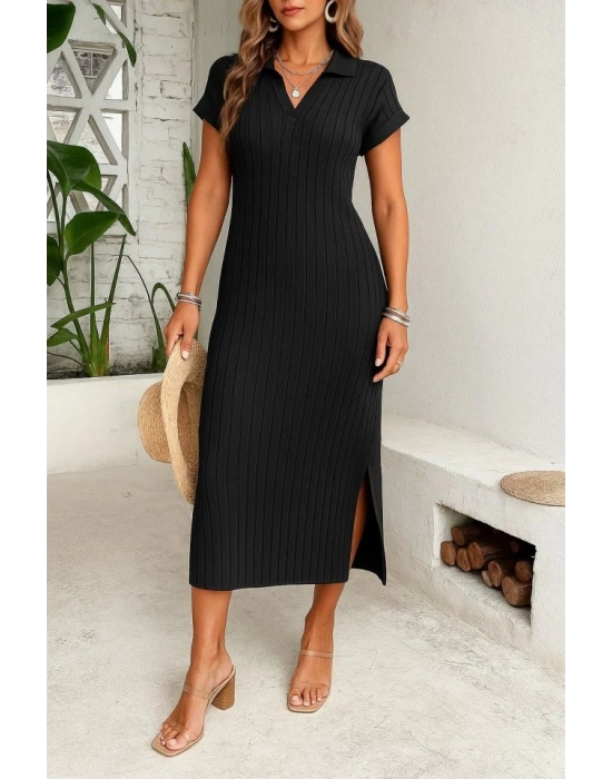 Kadın Kısa Kollu Yakalı Yandan Yırtmaçlı Kalın Fitilli Kaşkorse Elbise