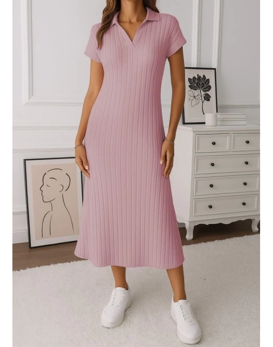 Kadın Kısa Kollu Yakalı Yandan Yırtmaçlı Kalın Fitilli Kaşkorse Elbise