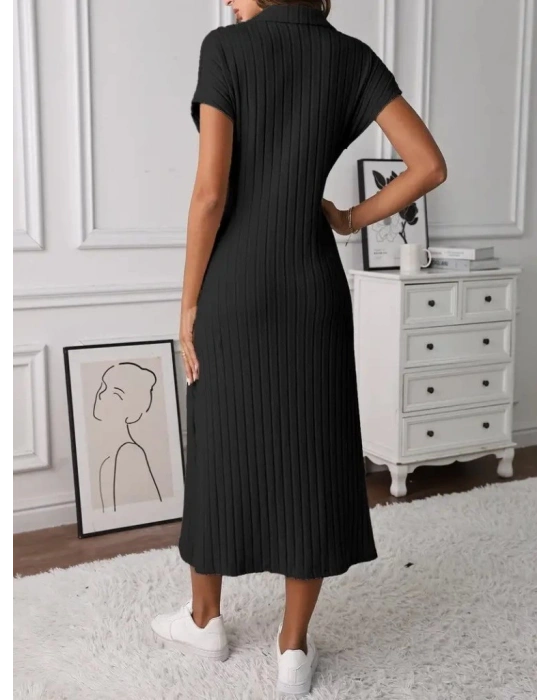 Kadın Kısa Kollu Yakalı Yandan Yırtmaçlı Kalın Fitilli Kaşkorse Elbise