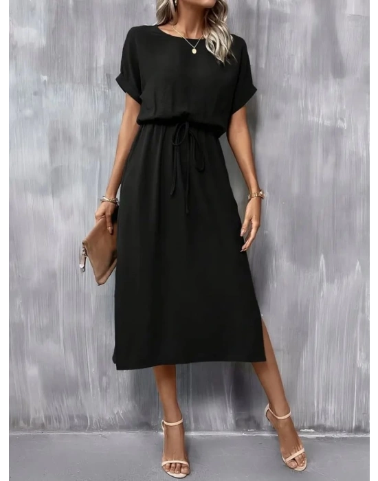 Kadın Kısa Kollu Yakası Açık Belden Bağlamalı Yırtmaçlı Viskon Elbise