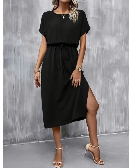 Kadın Kısa Kollu Yakası Açık Belden Bağlamalı Yırtmaçlı Viskon Elbise