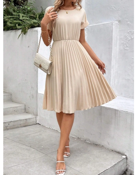Kadın Kısa Kollu Yakası Açık Belden Lastikli Pileli Kısa Ithal Krep Elbise
