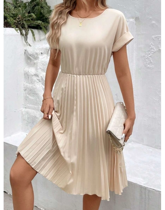 Kadın Kısa Kollu Yakası Açık Belden Lastikli Pileli Kısa Ithal Krep Elbise