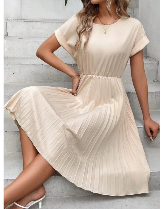 Kadın Kısa Kollu Yakası Açık Belden Lastikli Pileli Kısa Ithal Krep Elbise