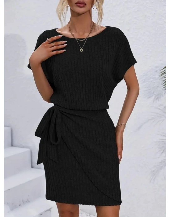 Kadın Kısa Kollu Yakası Açık Belden Lastikli Yandan Bağlamalı Kalın Fitilli Kaşkorse Elbise