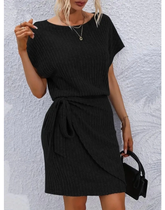 Kadın Kısa Kollu Yakası Açık Belden Lastikli Yandan Bağlamalı Kalın Fitilli Kaşkorse Elbise