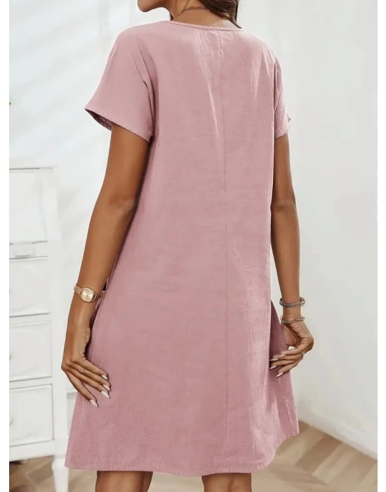 Kadın Kısa Kollu Yakası Açık Fermuarlı Cep Detaylı Ithal Keten Elbise