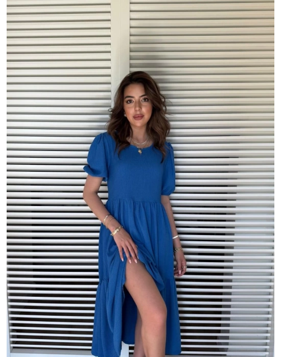 Kadın Kısa Kollu Yakası Açık Katlı Bürümcük Balon Elbise