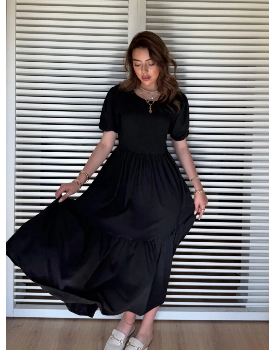 Kadın Kısa Kollu Yakası Açık Katlı Bürümcük Balon Elbise