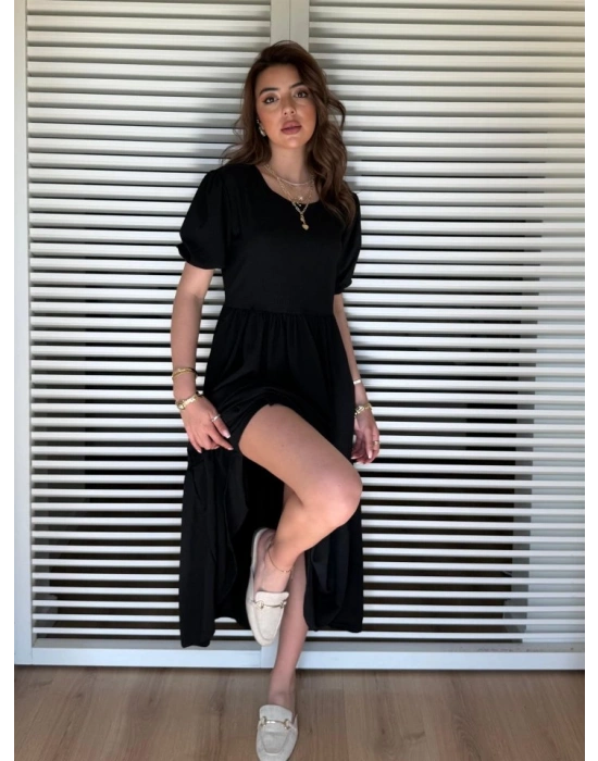 Kadın Kısa Kollu Yakası Açık Katlı Bürümcük Balon Elbise