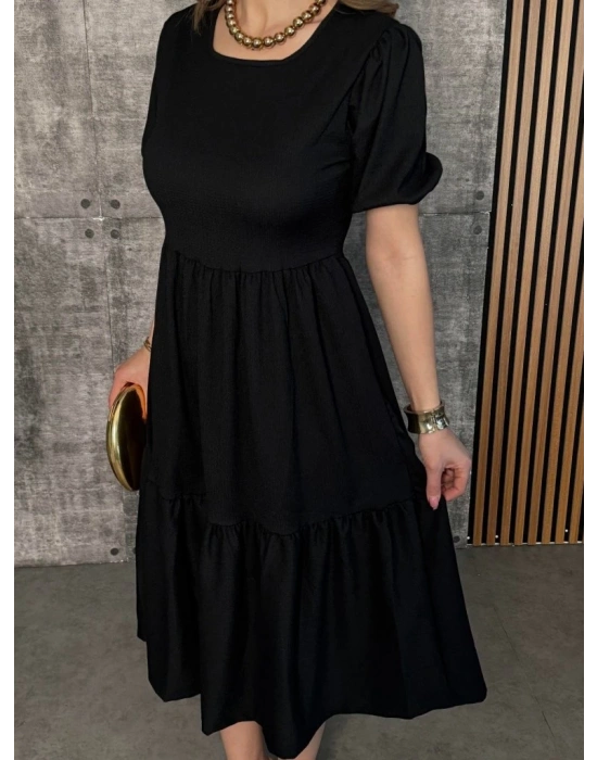 Kadın Kısa Kollu Yakası Açık Katlı Bürümcük Balon Elbise