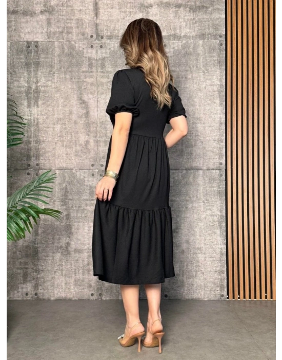 Kadın Kısa Kollu Yakası Açık Katlı Bürümcük Balon Elbise