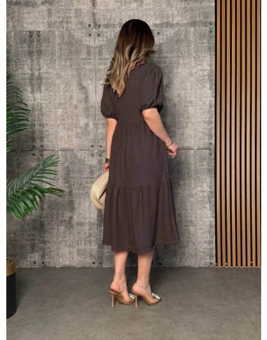 Kadın Kısa Kollu Yakası Açık Katlı Bürümcük Balon Elbise