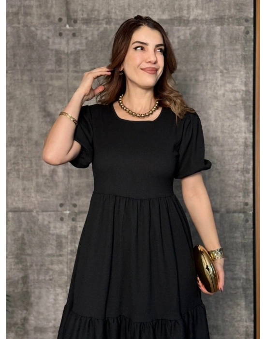 Kadın Kısa Kollu Yakası Açık Katlı Bürümcük Balon Elbise