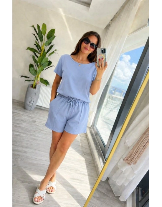 Kadın Kısa Kollu Yakası Açık Modal Bluz Ve Bağcıklı Kısa şort Ikili Takım