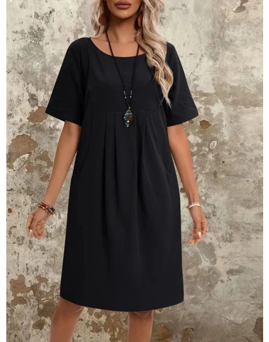 Kadın Kısa Kollu Yakası Açık önden Büzgülü Cep Detaylı Viskon Iki Iplik Elbise