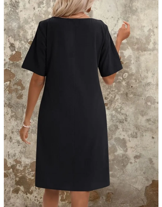 Kadın Kısa Kollu Yakası Açık önden Büzgülü Cep Detaylı Viskon Iki Iplik Elbise