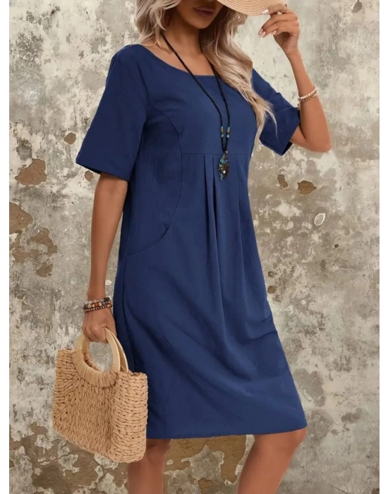 Kadın Kısa Kollu Yakası Açık önden Büzgülü Cep Detaylı Viskon Iki Iplik Elbise