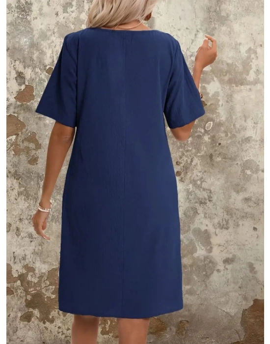 Kadın Kısa Kollu Yakası Açık önden Büzgülü Cep Detaylı Viskon Iki Iplik Elbise