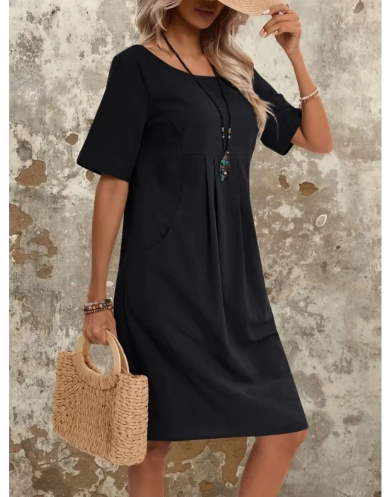 Kadın Kısa Kollu Yakası Açık önden Büzgülü Cep Detaylı Viskon Iki Iplik Elbise