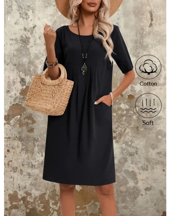 Kadın Kısa Kollu Yakası Açık önden Büzgülü Cep Detaylı Viskon Iki Iplik Elbise