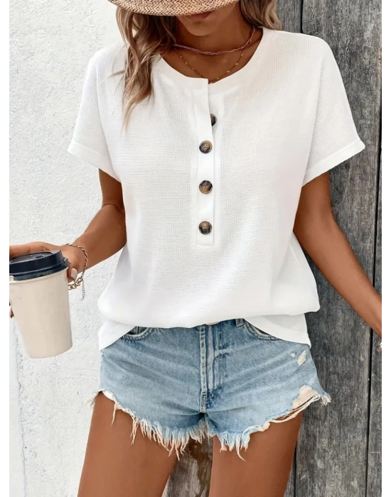 Kadın Kısa Kollu Yakası Açık önden Düğmeli Waffle Bluz