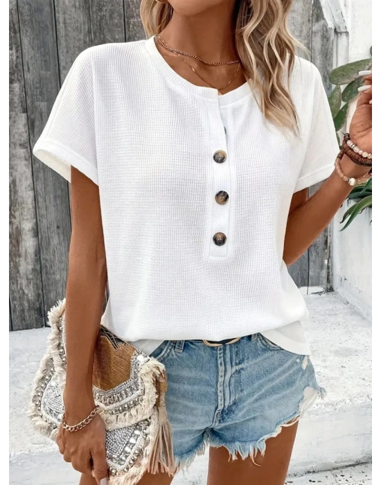 Kadın Kısa Kollu Yakası Açık önden Düğmeli Waffle Bluz