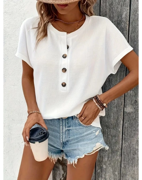 Kadın Kısa Kollu Yakası Açık önden Düğmeli Waffle Bluz
