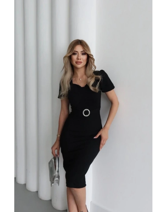 Kadın Kısa Kollu Yakası Açık önden Halka Detaylı Ithal Krep Elbise