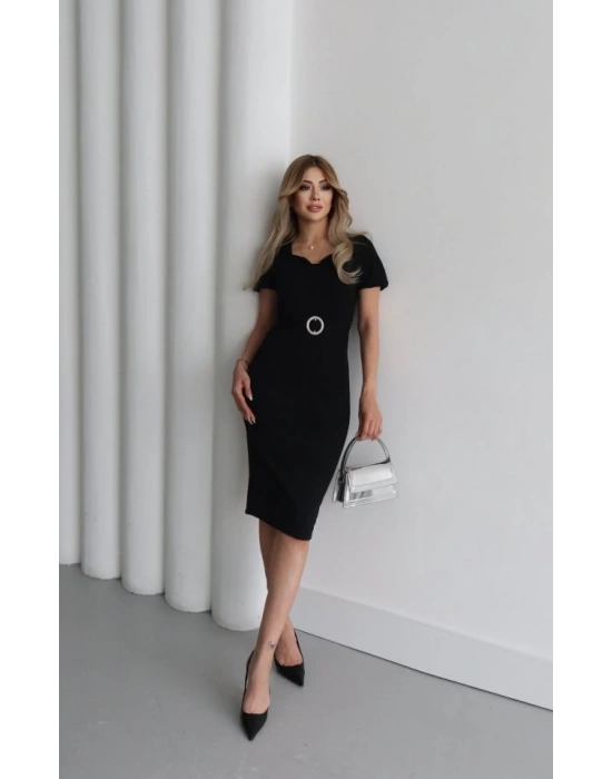 Kadın Kısa Kollu Yakası Açık önden Halka Detaylı Ithal Krep Elbise